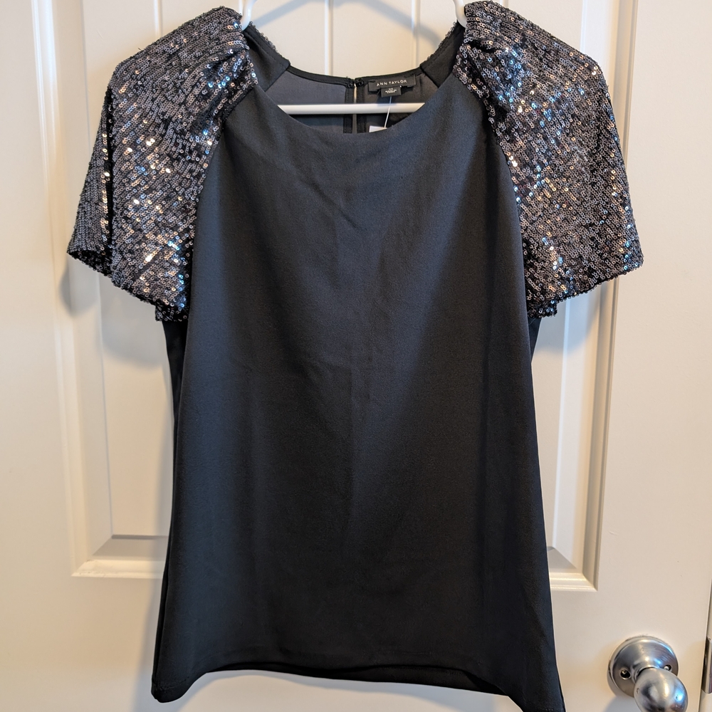 Ann Taylor Black Top with Sequin Sleeves - Picture 3 of 7